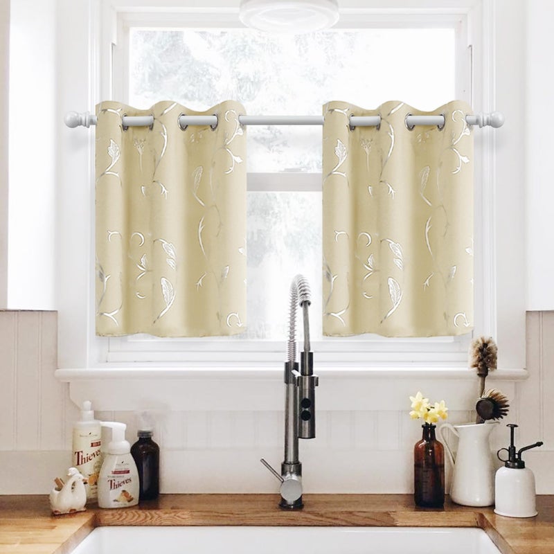 BUHUA Flower Print Blackout Curtains Thermal Insulated Window Curtains Silver Elegant Vine Pattern for Baby Room Beige 38W by 63L 2 Panels - Image 2